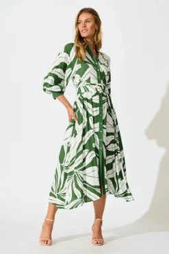 Hot Shiloh Midi Shirt Dress in Green with White Leaf Dresses|Casual