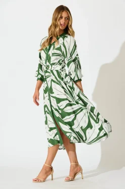 Hot Shiloh Midi Shirt Dress in Green with White Leaf Dresses|Casual