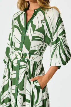Hot Shiloh Midi Shirt Dress in Green with White Leaf Dresses|Casual