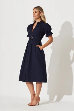Clearance Sicilly Midi Shirt Dress In Navy Cotton Dresses|Casual