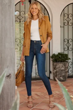 Hot Siren High Rise Skinny Jean in Mid Blue Denim Bottoms|Denim