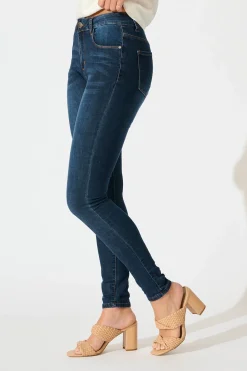 Hot Siren High Rise Skinny Jean in Mid Blue Denim Bottoms|Denim