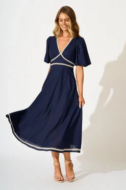 New Soft Serenade Midi Dress in Navy Linen Blend Dresses|Casual