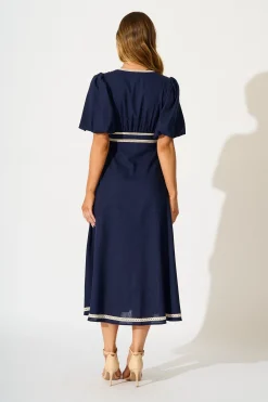 New Soft Serenade Midi Dress in Navy Linen Blend Dresses|Casual