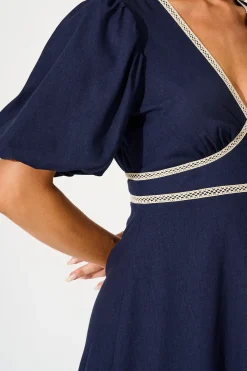 New Soft Serenade Midi Dress in Navy Linen Blend Dresses|Casual