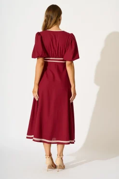 Fashion Soft Serenade Midi Dress in Wine Linen Blend Dresses|Casual