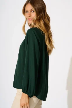 Fashion Soft Spoken Top in Emerald Linen Blend Tops|Casual
