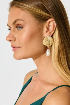 Fashion Soiree Drop Shell Earrings in Gold with Pearl Jewellery|Wedding Guest