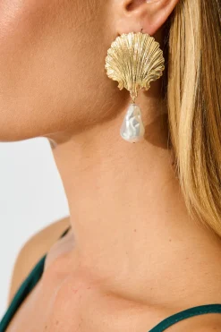 Fashion Soiree Drop Shell Earrings in Gold with Pearl Jewellery|Wedding Guest