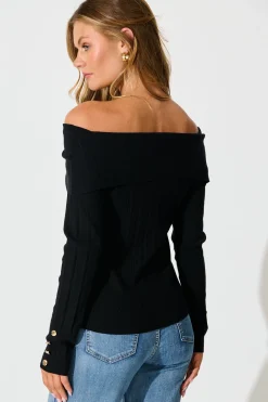 Best Solar Bardot Knit Top in Black Wool Blend Tops