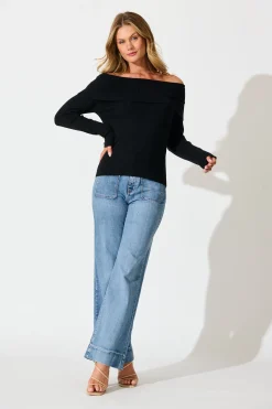 Best Solar Bardot Knit Top in Black Wool Blend Tops