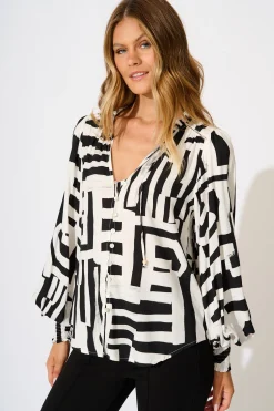 New Solara Top in Black with White Geometric Print Tops|Casual