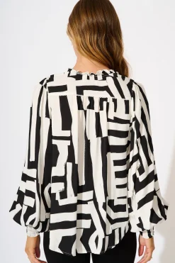 New Solara Top in Black with White Geometric Print Tops|Casual