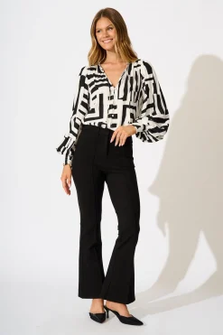 New Solara Top in Black with White Geometric Print Tops|Casual