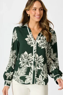 Clearance Spotlight Shirt in Emerald with White Floral Tops