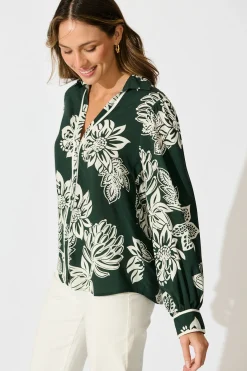 Clearance Spotlight Shirt in Emerald with White Floral Tops