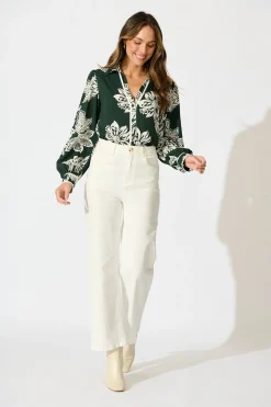 Clearance Spotlight Shirt in Emerald with White Floral Tops