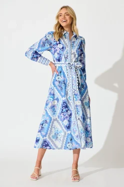 Outlet Starfall Midi Shirt Dress in Blue Floral Print Linen Blend Dresses|Party