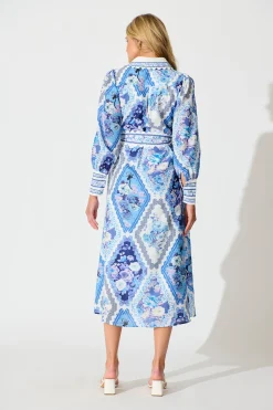 Outlet Starfall Midi Shirt Dress in Blue Floral Print Linen Blend Dresses|Party