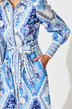 Outlet Starfall Midi Shirt Dress in Blue Floral Print Linen Blend Dresses|Party