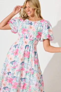 Clearance Stargazer Midi Dress in Multi Pink Floral Cotton Blend Dresses|Casual