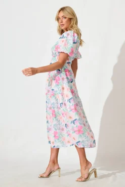 Clearance Stargazer Midi Dress in Multi Pink Floral Cotton Blend Dresses|Casual