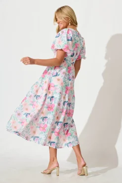 Clearance Stargazer Midi Dress in Multi Pink Floral Cotton Blend Dresses|Casual