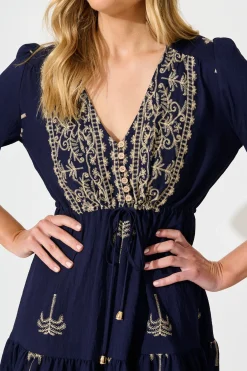 Sale Sweet Nothings Dress in Navy with Palm Embroidery Dresses|Casual