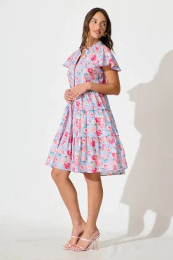 Clearance Sweet Pea Smock Dress in Pale Blue with Pink Floral Cotton Dresses|Casual