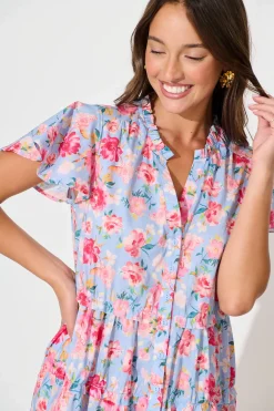 Clearance Sweet Pea Smock Dress in Pale Blue with Pink Floral Cotton Dresses|Casual