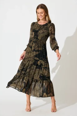 Outlet Taking The Lead Maxi Dress in Black with Brown Print Chiffon Dresses|Workwear
