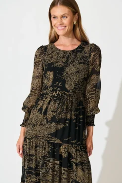 Outlet Taking The Lead Maxi Dress in Black with Brown Print Chiffon Dresses|Workwear