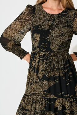 Outlet Taking The Lead Maxi Dress in Black with Brown Print Chiffon Dresses|Workwear
