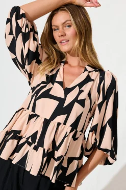 Discount Talena Top in Black and Beige Geometric Print Tops