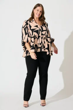 Discount Talena Top in Black and Beige Geometric Print Tops
