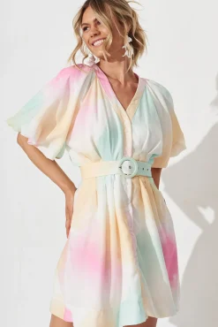 Sale Teagan Dress In White With Multi Watercolour Linen Blend Dresses|Casual