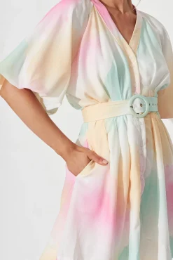 Sale Teagan Dress In White With Multi Watercolour Linen Blend Dresses|Casual