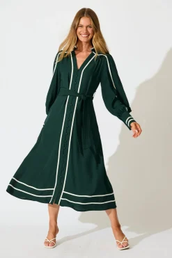 Fashion Terri Midi Dress in Emerald with White Contrast Trim Dresses|Party