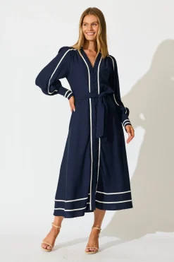 Online Terri Midi Dress in Navy with White Contrast Trim Dresses|Party