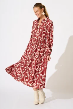Fashion Terri Midi Shirt Dress in Wine with Cream Print Dresses|Casual