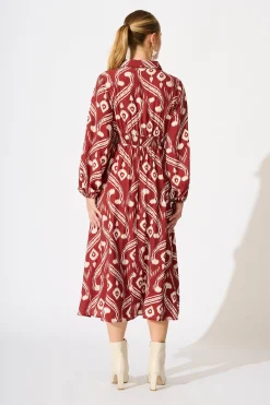 Fashion Terri Midi Shirt Dress in Wine with Cream Print Dresses|Casual