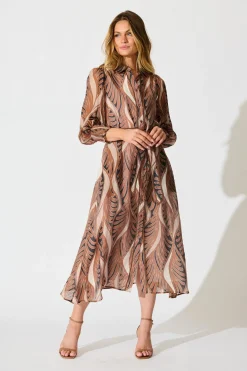 Hot Tessa Maxi Shirt Dress in Brown with Tan Cotton Blend Dresses|Party