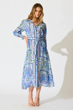 Sale Tessa Maxi Shirt Dress in Multi Blue Cotton Blend Dresses|Party