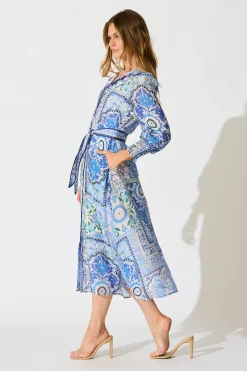 Sale Tessa Maxi Shirt Dress in Multi Blue Cotton Blend Dresses|Party