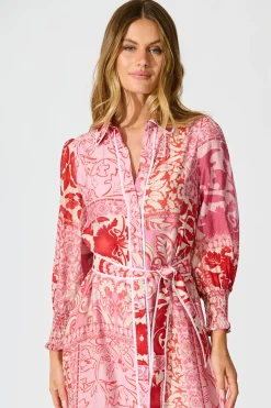 Discount Tessa Maxi Shirt Dress in Pink with Red Cotton Blend Dresses|Party