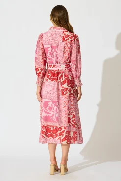 Discount Tessa Maxi Shirt Dress in Pink with Red Cotton Blend Dresses|Party