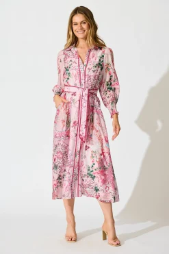 New Tessa Maxi Shirt Dress in Pink Floral Cotton Blend Dresses|Party