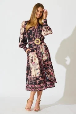 Best The Etched Garden Midi Dress in Black and Blush Patchwork Floral Dresses|Party
