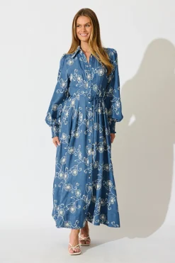 Best Thread and Soul Maxi Shirt Dress in Blue Chambray Embroidery Dresses|Casual