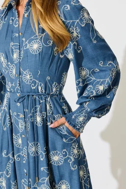 Best Thread and Soul Maxi Shirt Dress in Blue Chambray Embroidery Dresses|Casual